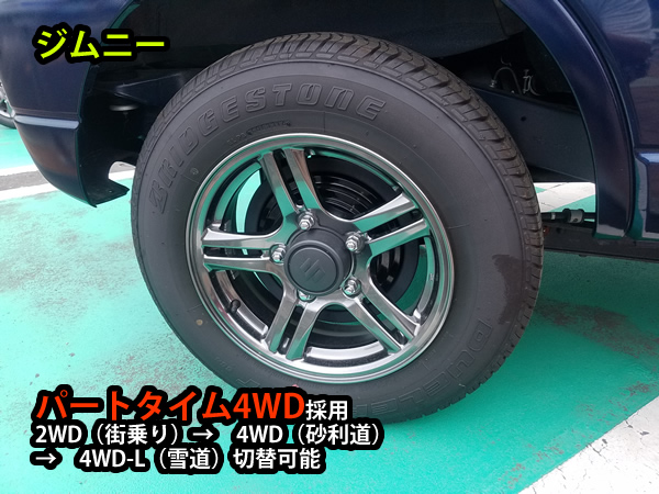 ジムニーはパートタイム4WD採用 2WD（街乗り）→　4WD（砂利道） →　4WD-L（雪道）切替可能